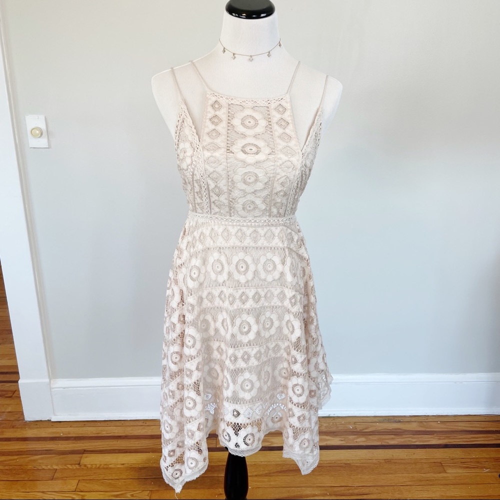 Free People Open Back Crochet Lace Mini Short Cream Fit Flare Dress Size 10